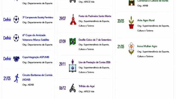 Calendário Oficial de Eventos 2026 - Superintendência de Esporte, Cultura e Turismo